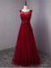 Open Back Maroon Lace Beaded A-line Long Evening Prom Dresses, 17625