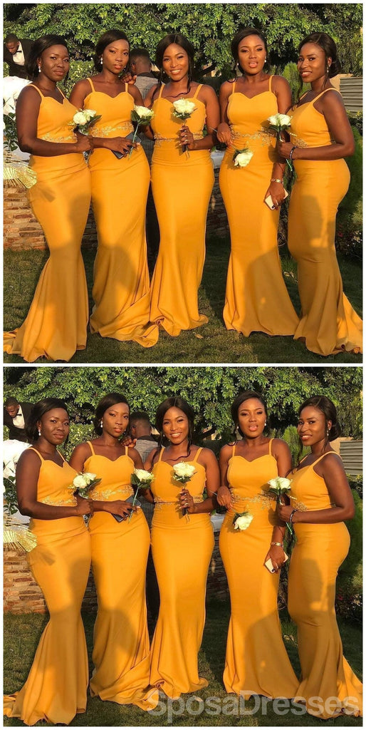 Spaghetti Straps Yellow Mermaid Cheap Long  Bridesmaid Dresses Online, WG645