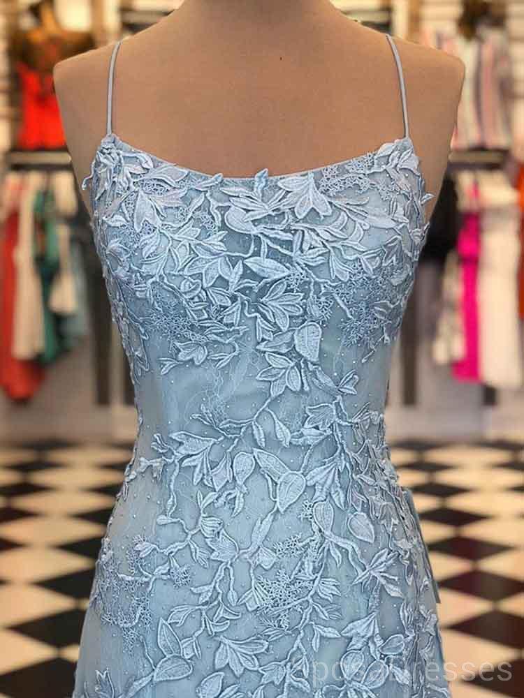 Spaghetti Straps Blue Lace Mermaid Long Evening Prom Dresses, Cheap Custom Sweet 16 Dresses, 18460