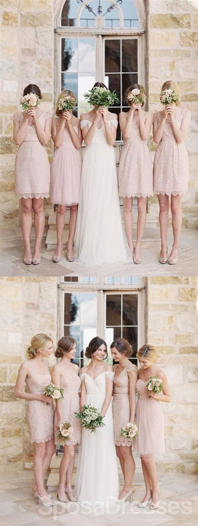 Mismatched Junior Pretty Short Lace Knee-Length Blush Pink Bridesmaid Dress, WG115