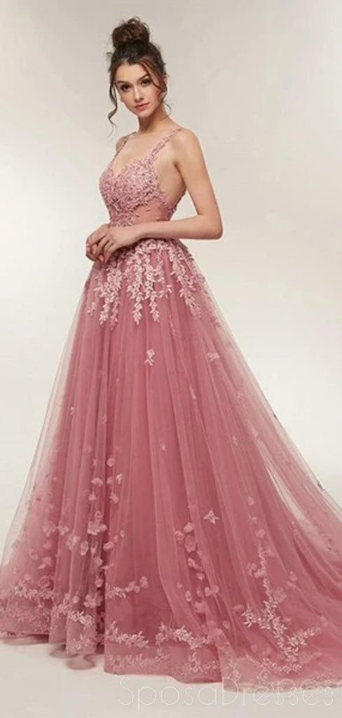 See Through Dusty Pink Lace A-line Long Evening Prom Dresses, Cheap Sweet 16 Dresses, 18354