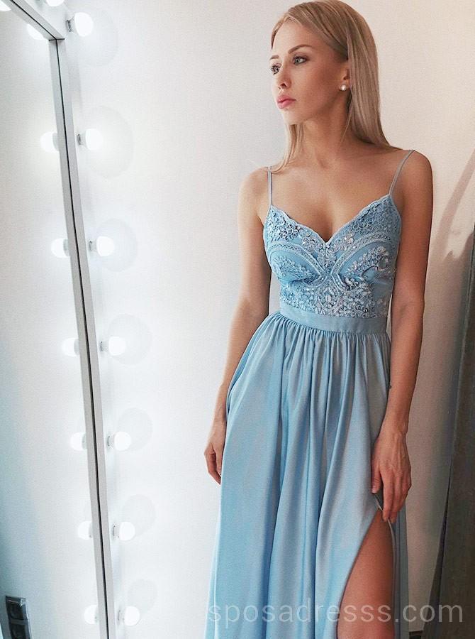 Light Blue Spaghetti Straps Side Slit Long Evening Prom Robes, Cheap Custom Sweet 16 Robes, 18550