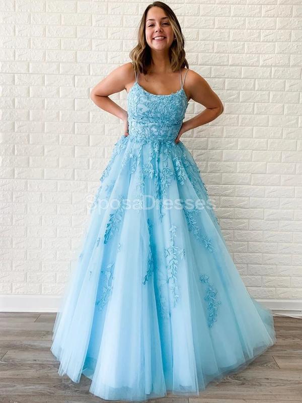 Sexy Blue Backless Spaghetti Straps Lace Evening Prom Dresses, Evening Party Prom Dresses, 12271