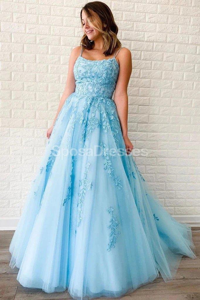 Sexy Blue Backless Spaghetti Straps Lace Evening Prom Dresses, Evening Party Prom Dresses, 12271