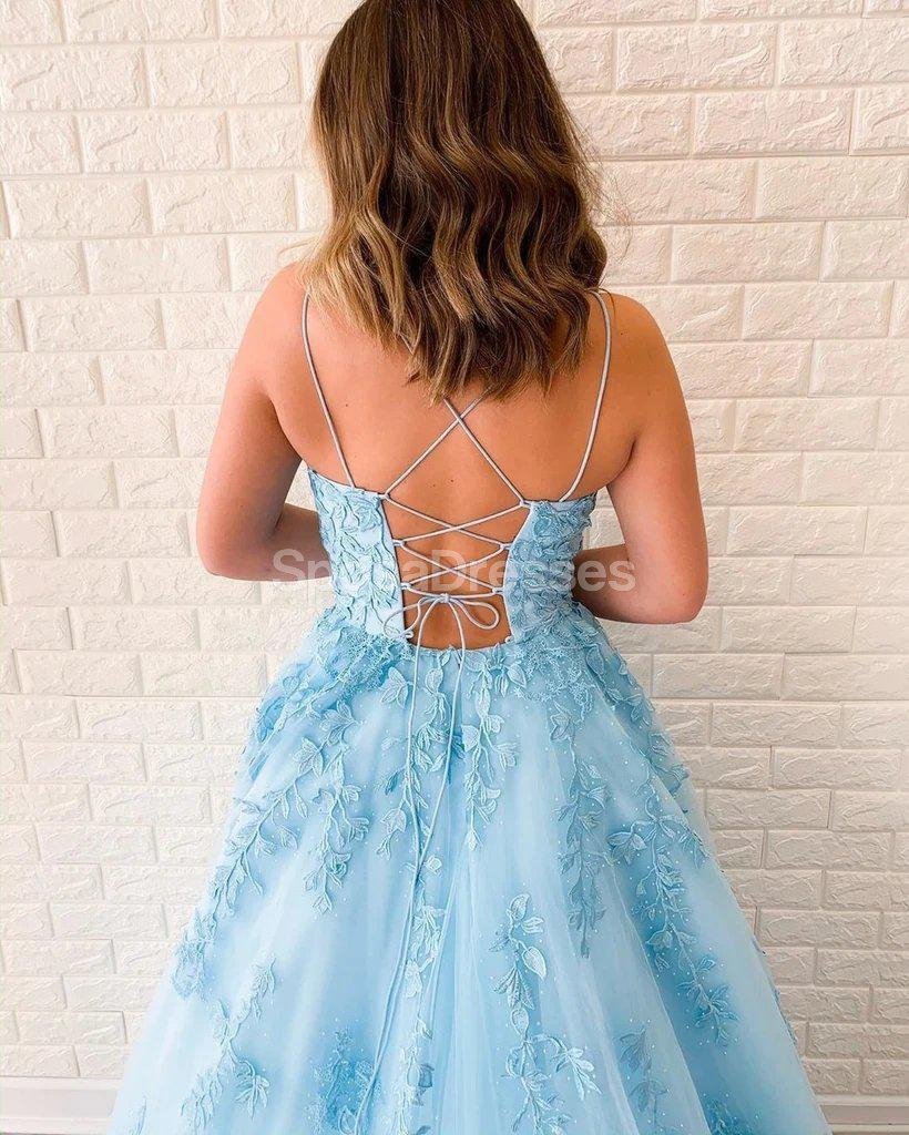 Sexy Blue Backless Spaghetti Straps Lace Evening Prom Dresses, Evening Party Prom Dresses, 12271