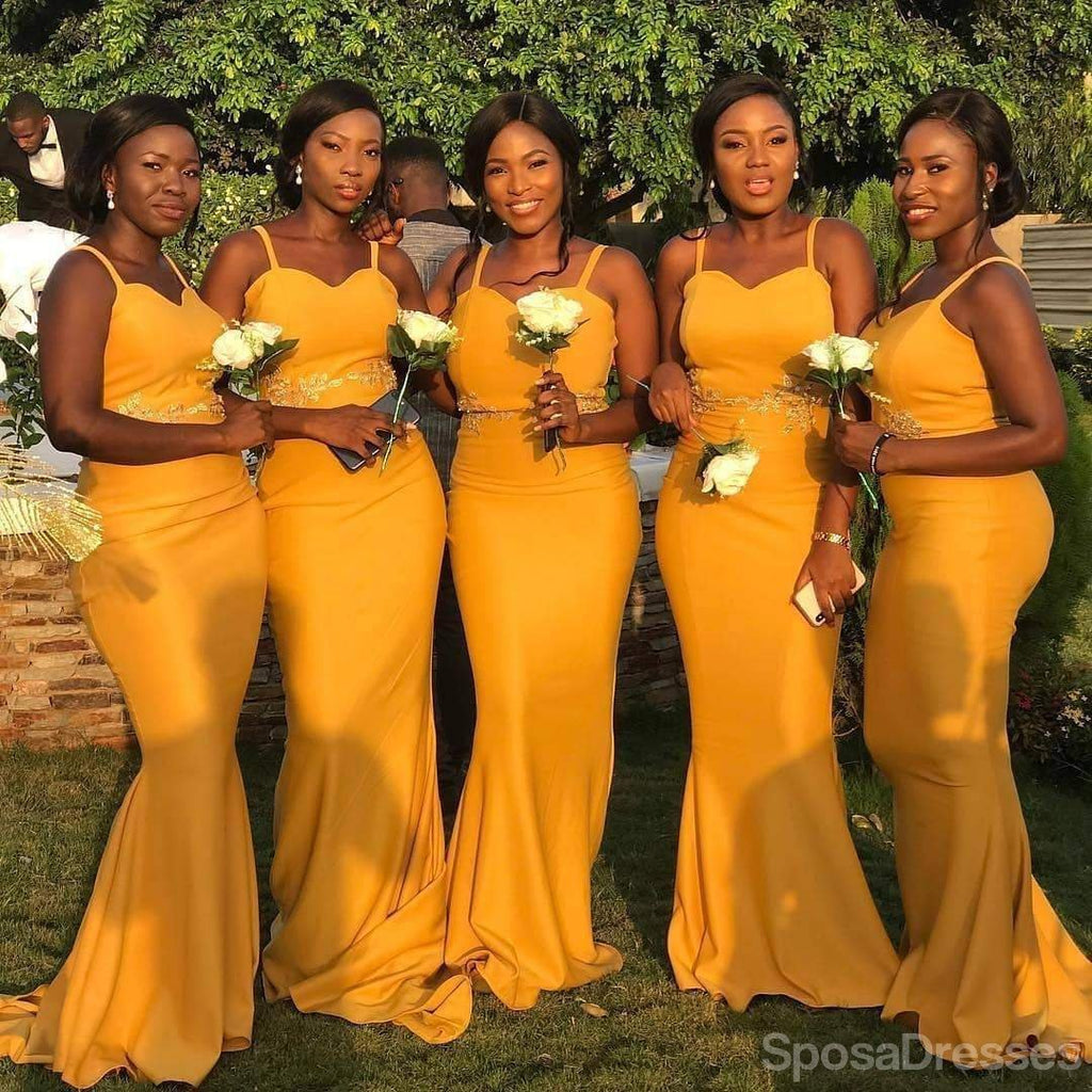 Spaghetti Straps Yellow Mermaid Cheap Long  Bridesmaid Dresses Online, WG645