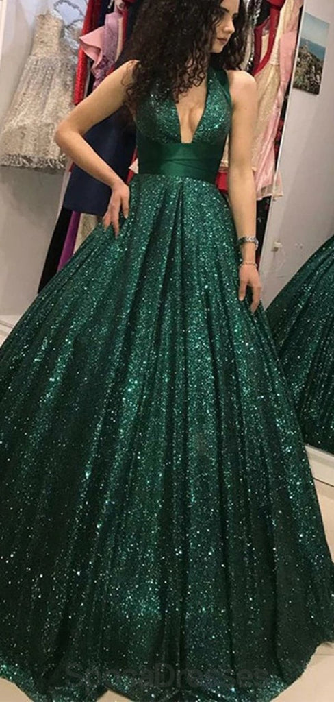 Emerald Green V Neck Sparkly Ball Gown Cheap Evening Prom Dresses, Evening Party Prom Dresses, 12156