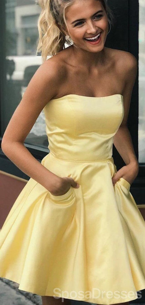 Strapless amarelo cetim barato vestidos curtos de regresso a casa on-line, vestidos curtos baratos de baile, CM837