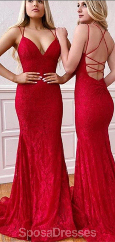 Red Lace Mermaid Backless Evening Prom Dresses, Evening Party Prom Dresses, 12196