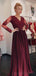 Long Sleeves Maroon Lace Beaded Long Evening Prom Dresses, Cheap Sweet 16 Dresses, 18427