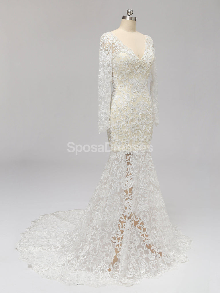 Long Sleeves Backless Lace Mermaid Wedding Dresses Online, Cheap Unique Bridal Dresses, WD585