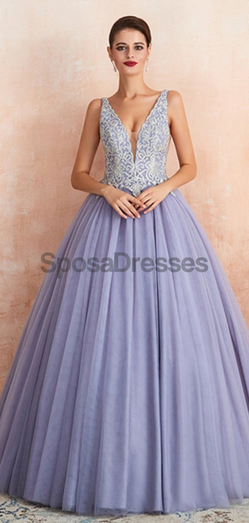 V Neck Lilac Lace Beaded A-line Long Evening Prom Dresses, Evening Party Prom Dresses, 12133