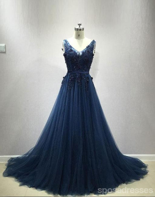 Sexy Backless V Neckline Navy Lace Beaded Evening Prom Dresses, Popular Navy Tulle Party Prom Dress, Custom Long Prom Dresses, Cheap Formal Prom Dresses, 17155