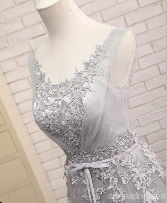 Scoop Neckline Gray Lace Evening Prom Dresses, Popular Lace Party Prom Dresses, vestiduras de baile largas personalizadas, vestidos formales baratos, 17183