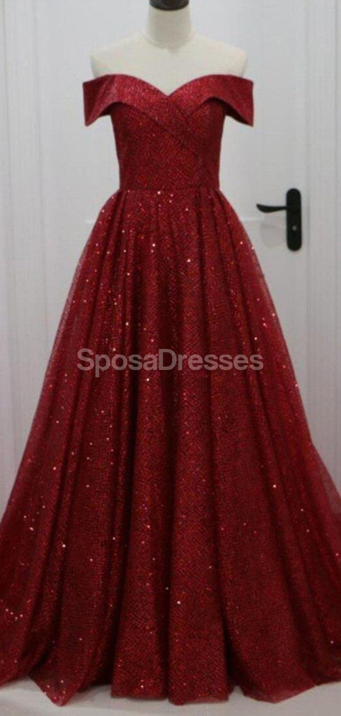 De ombro Sparkly vermelho-escuros alinham vestidos de baile para os estudantes da tarde longos, vestidos de baile para os estudantes partidários da tarde, 12296