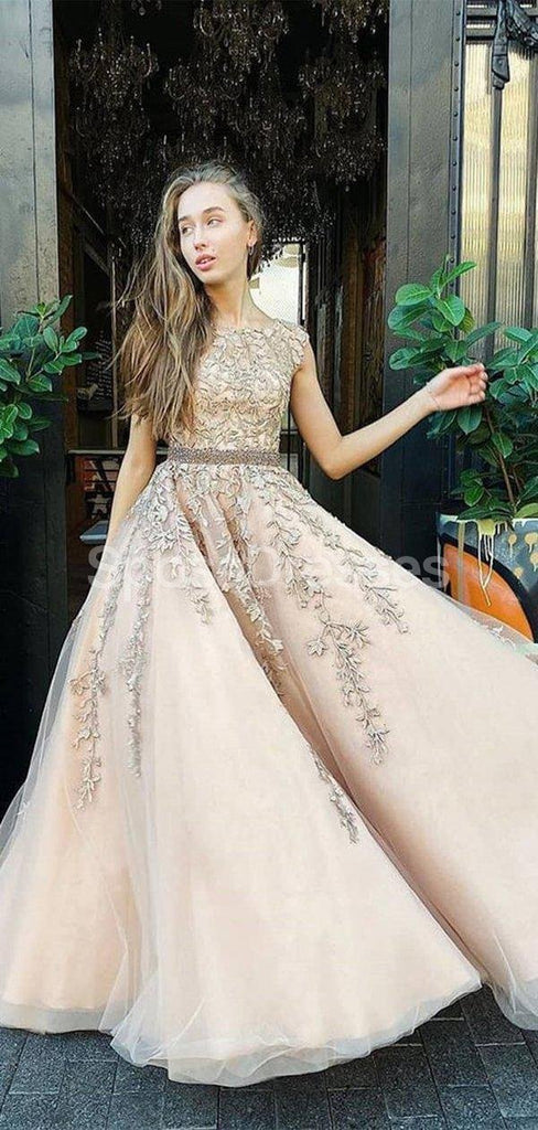 Cap Sleeves Lace Applique A-line Evening Prom Dresses, Evening Party Prom Dresses, 12274