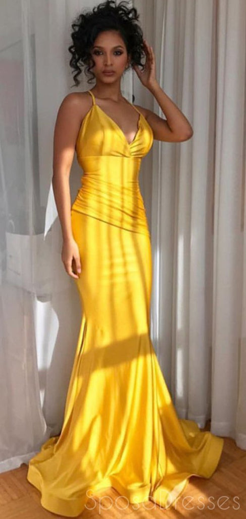 Mermaid V Neck Sleeveless Yellow Long Prom Dresses, Sweet 16 Prom Dresses, 12457