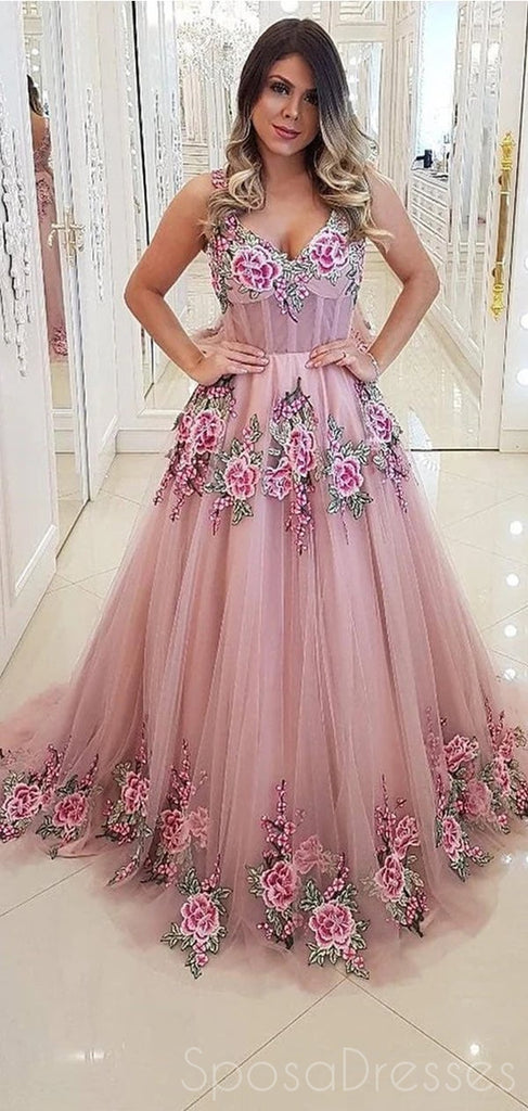 Pink A-line Applique Sleeveless V Neck Prom Dresses, Sweet 16 Prom Dresses, 12480