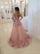 Pink A-line Applique Sleeveless V Neck Prom Dresses, Sweet 16 Prom Dresses, 12480