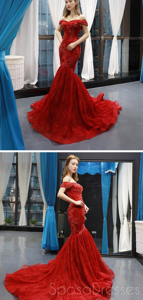 Mermaid Lace Strapless Red Long Prom Dresses, Sweet 16 Prom Dresses, 12503