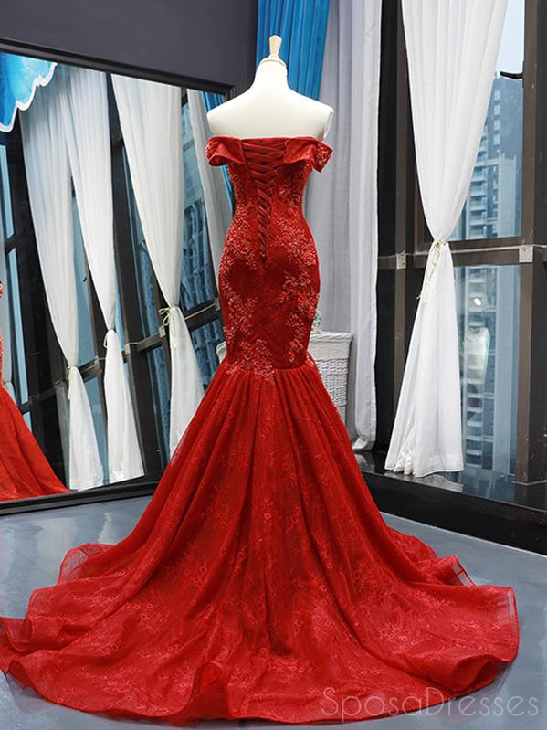 Mermaid Lace Strapless Red Long Prom Dresses, Sweet 16 Prom Dresses, 12503