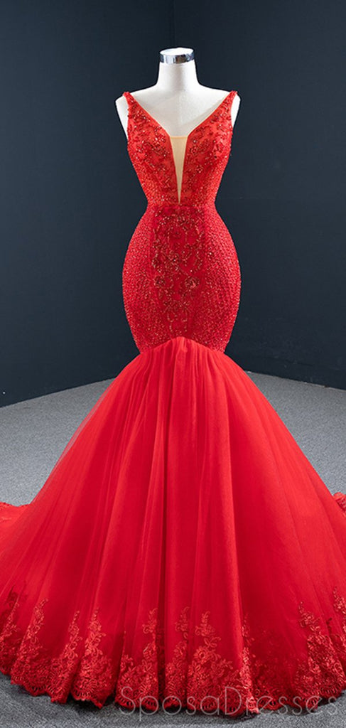 Mermaid Red Sleeveless Beading Prom Dresses, Sweet 16 Prom Dresses, 12507