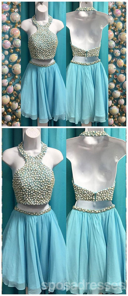 Baratos Halter de Duas peças de Strass Azul Vestidos de Regresso a casa 2018, CM498