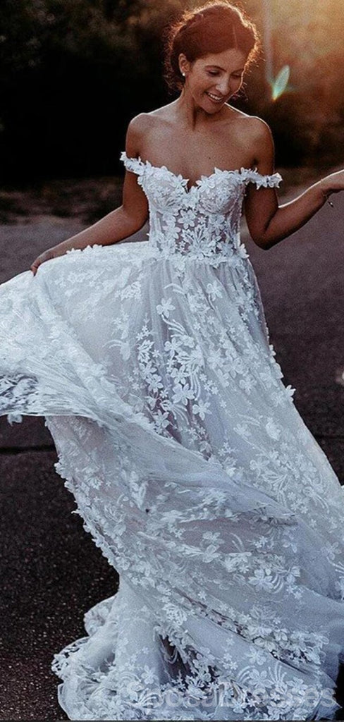 Off Shoulder Lace A-Line Wedding Dresses Online, Cheap Unique Bridal Dresses, WD597