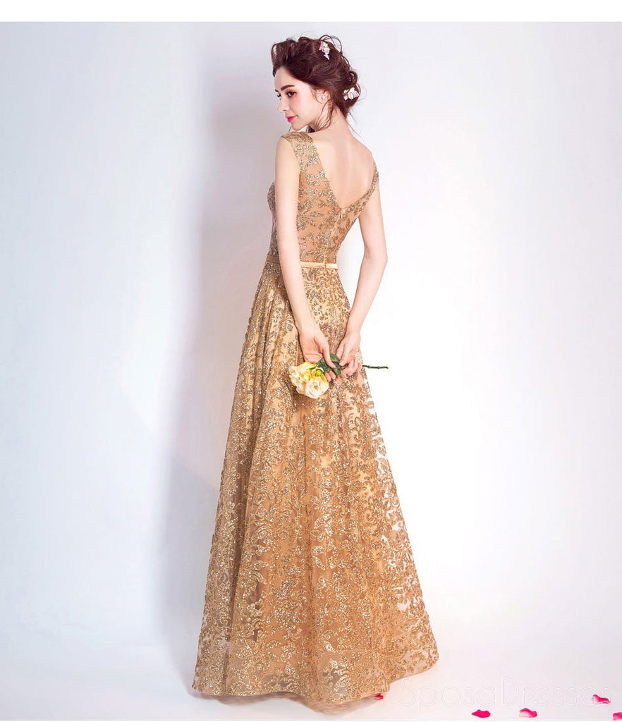 Gold Sequin Lace See Through Cheap Long Evening Prom Dresses, Cheap Custom Sweet 16 Dresses, 18528