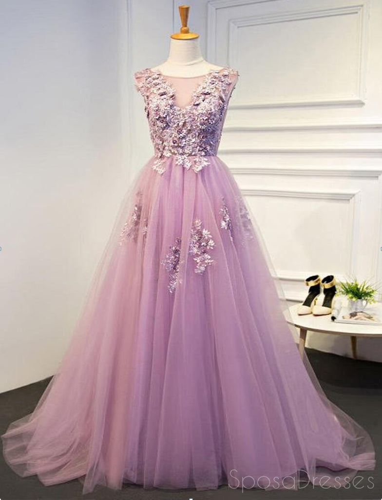 Cor-de-rosa Beaded Uma linha Tulle Evening Prom Dresses, Cheap Party Prom Dresses, 17142