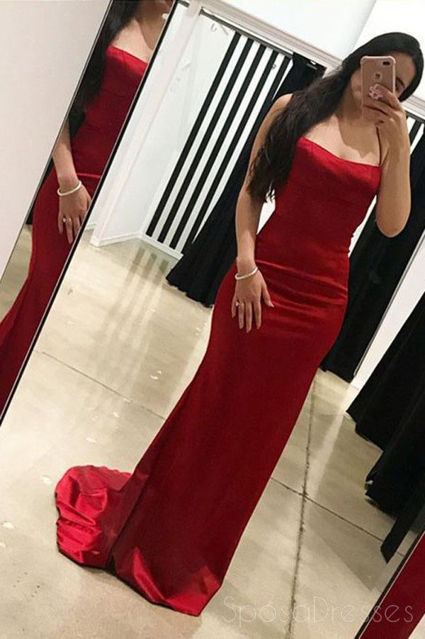 Sexy Red Backless Straight Neck Mermaid Long Evening Prom Dresses, 17695