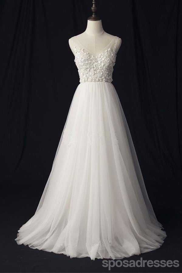 See Through V Neck Lace Cheap Custom A-line Long Wedding Bridal Dresses, WD290