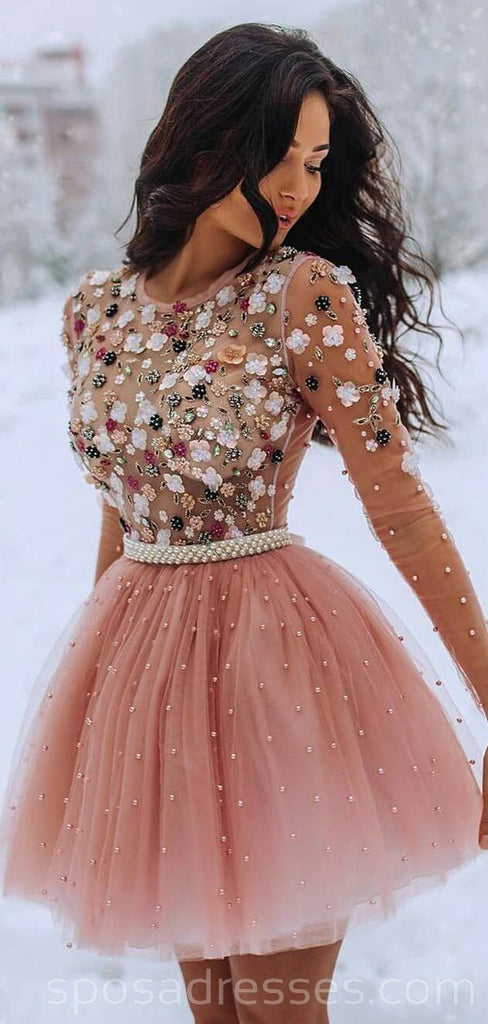 Long Sleeves Beaded Peach Homecoming Kleider Online, Günstige Kurze Ballkleider, CM749