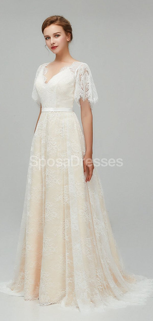 Champagne Short Sleeves Lace A-line Vestidos Baratos Online, Vestidos Bridal Baratos, WD561