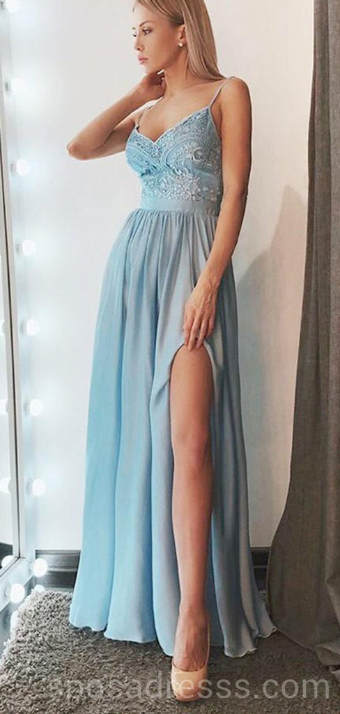 Light Blue Spaghetti Straps Side Slit Long Evening Prom Robes, Cheap Custom Sweet 16 Robes, 18550