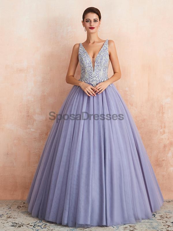 V Neck Lilac Lace Beaded A-line Long Evening Prom Dresses, Evening Party Prom Dresses, 12133