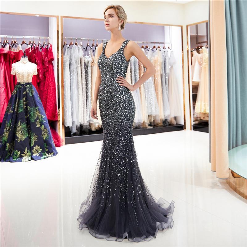 V Neck Sparkly Navy Strassstone Perled Mermaid Evening Prom Dresses, Evening Party Prom Dresses, 12037