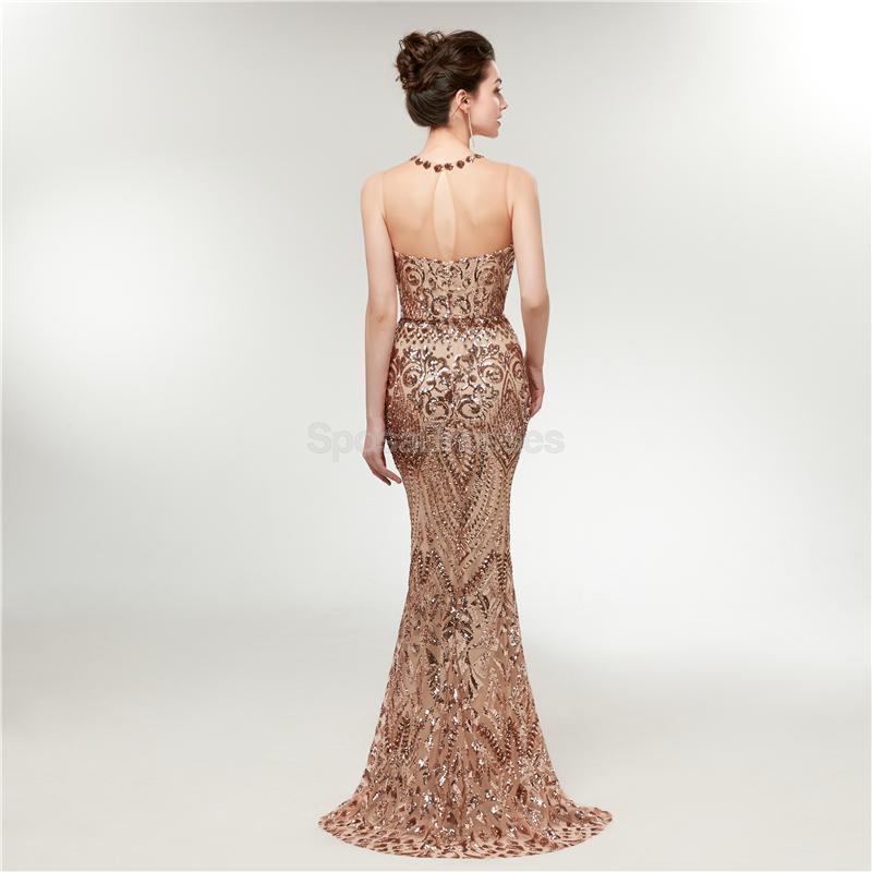 Illusion Gold Sequin Sparkly Mermaid Long Evening Prom Dresses, Evening Party Prom Dresses, 12012