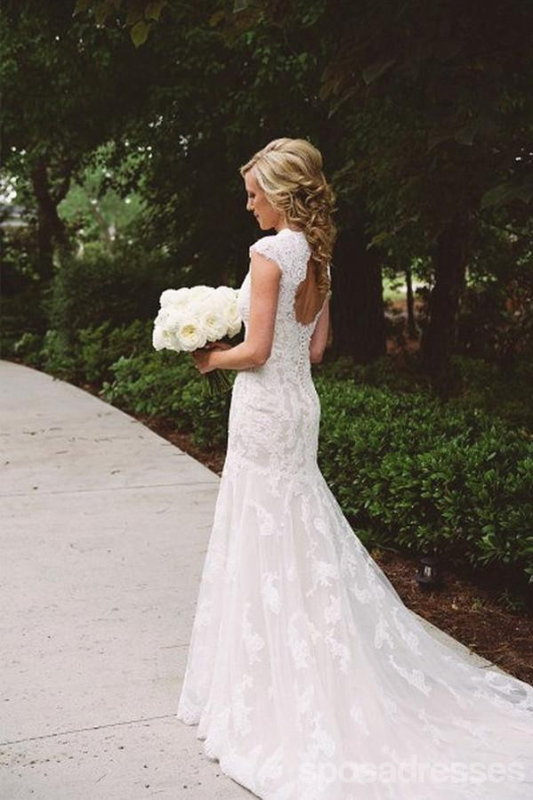 Open Back Cap Sleeves Lace Mermaid Long Wedding Bridal Dresses, WD291