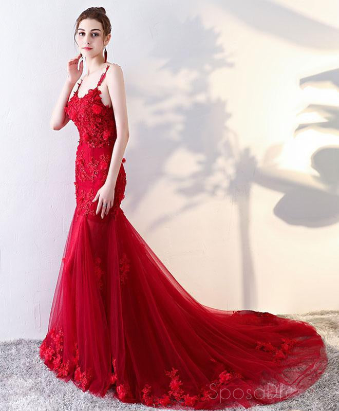 Escote corazón sin espalda sexy Encaje rojo oscuro Una línea Vestidos de fiesta largos de noche, Vestidos de fiesta largos y personalizados baratos, 17333