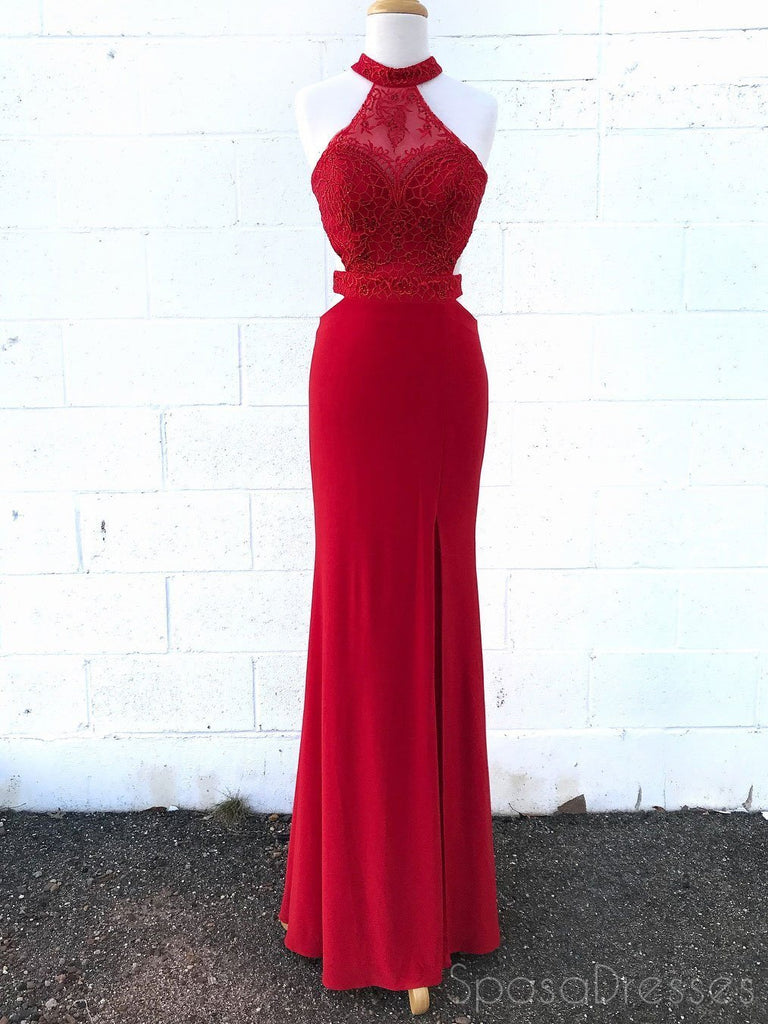 Sexy Red Lace Halter Backless Mermaid Long Evening Prom Dresses, 17552