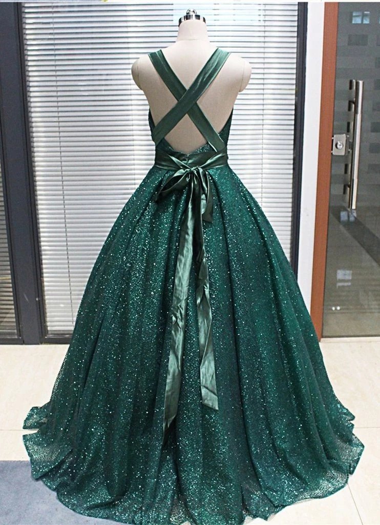 Emerald Green V Neck Sparkly Ball Gown Cheap Evening Prom Dresses, Evening Party Prom Dresses, 12156