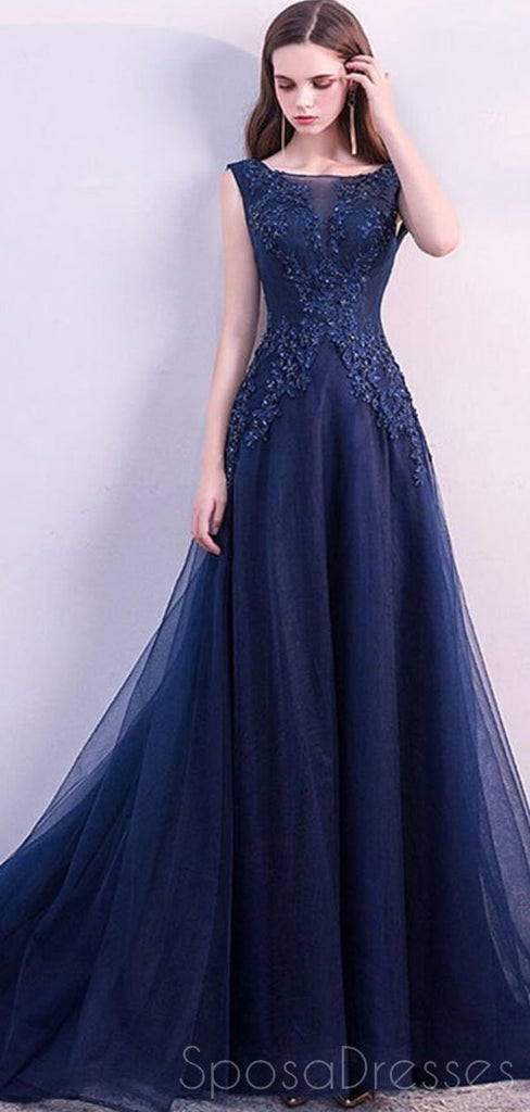 Scoop Navy Lace Beaded Long Evening Prom Dresses, Cheap Custom Sweet 16 Dresses, 18525