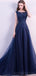 Scoop Navy Lace Beaded Long Evening Prom Dresses, Cheap Custom Sweet 16 Dresses, 18525