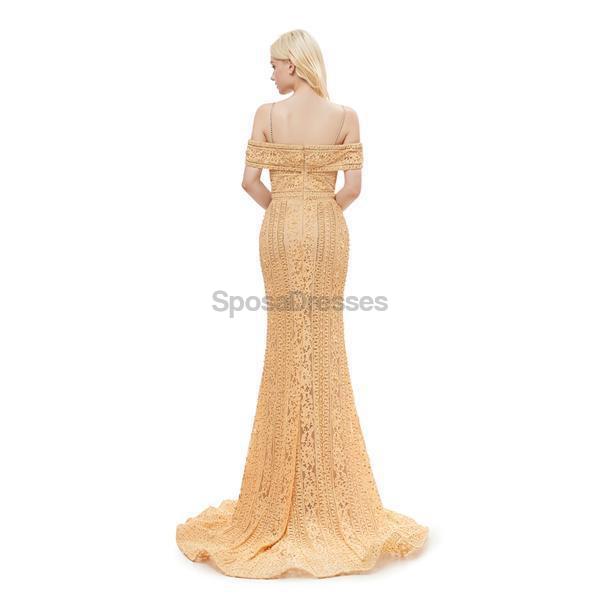 Off Shoulder Spaghetti Straps Gold Lace Evening Prom Dresses, Evening Party Prom Dresses, 12056