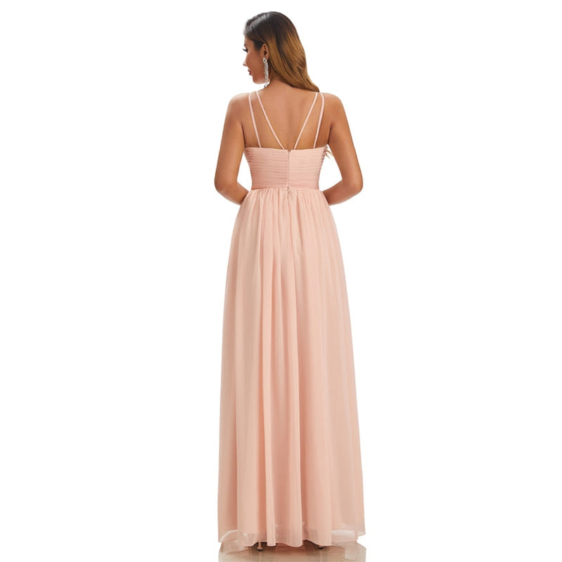 Simple Pink A-line Halter Cheap Chiffon Long Bridesmaid Dresses,WG1607