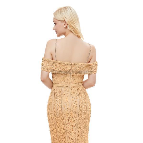 Fora do Shoulder Spaghetti Straps Gold Lace Evening Prom Dresses, Evening Party Prom Dresses, 12056