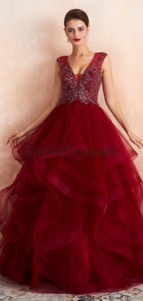 V Neck Dark Red Beaded Ball Gown Evening Prom Dresses, Evening Party Prom Dresses, 12136