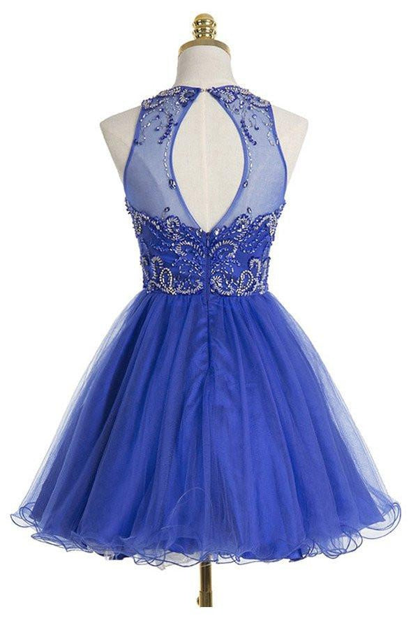 Royal Blau Sexy Open-back Halfter Perlen homecoming prom Kleider, CM0021