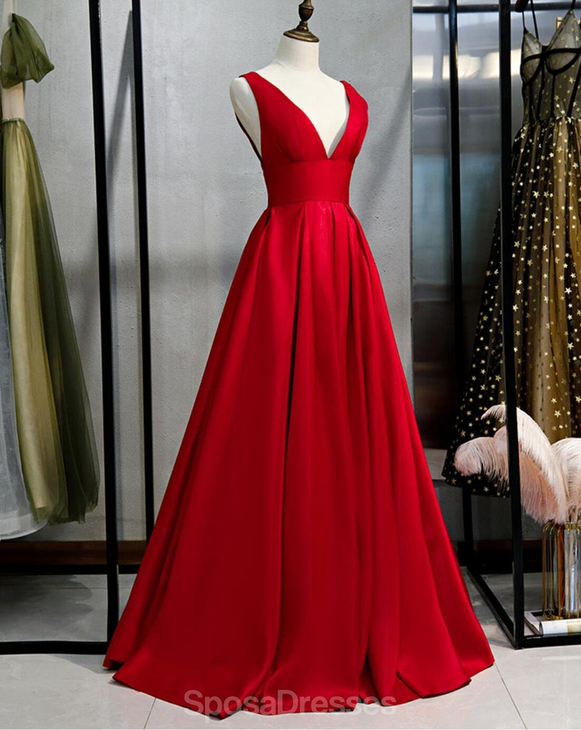 V Neck Simple Red A-line Long Evening Prom Dresses, Evening Party Prom Dresses, 12332